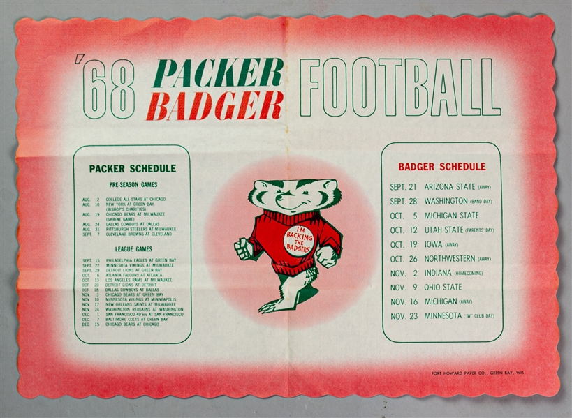 1968 Green Bay Packers Wisconsin Badgers 9.5" x 13.5" Schedule Place Mat