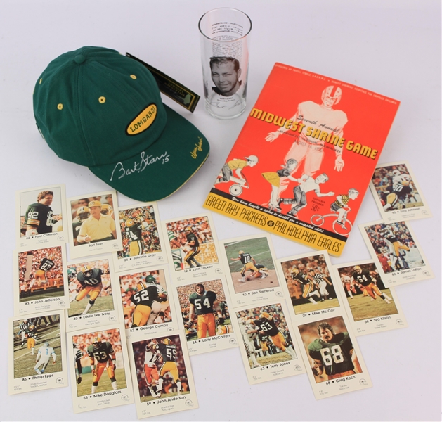 1950s-2000s Bart Starr Green Bay Packers Memorabilia - Lot of 22 w/ 1956 Shrine Game Program, Pizza Hut Glass, Trading Cards & Signed Cap (JSA)