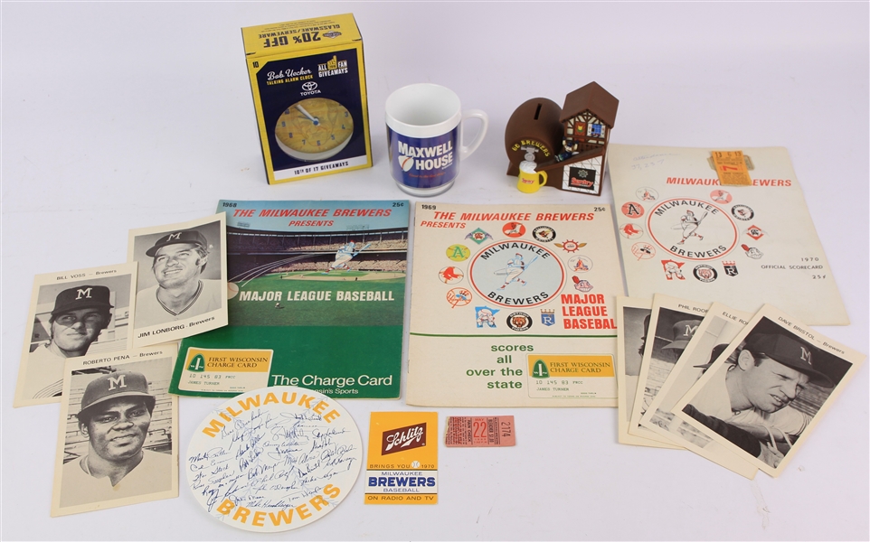 1968-2000s Milwaukee Brewers Memorabilia Collection - Lot of 17 w/ Programs, MIB Bob Uecker Talking Alarm Clock, Bernies Chalet Piggy Bank & More