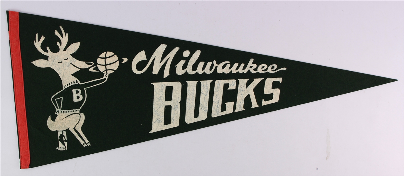 1975-76 Milwaukee Bucks Team Signed 29" Full Size Pennant w/ 10 Signatures Including Jon McGlocklin, Bob Dandridge, Junior Bridgeman & More (JSA)