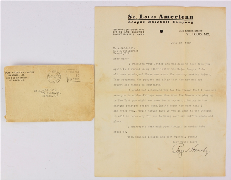 1936 Rogers Hornsby St. Louis Browns Signed Letter on Team Letterhead w/ Original Mailing Envelope (JSA)