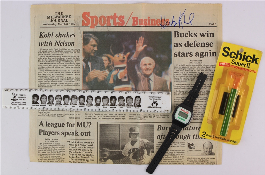 1970s-80s Milwaukee Bucks Memorabilia Collection - Lot of 4 w/ Herb Kohl Signed Newspaper Page, Digitial Coca Cola Watch & More