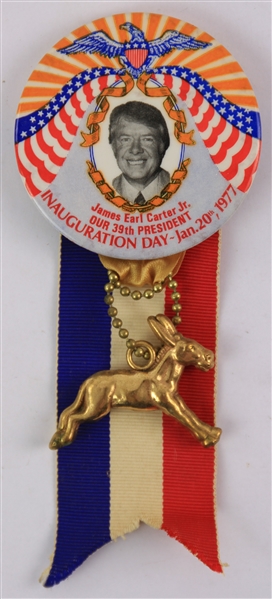 1977 (January 20) James Earl Carter 39th President of the United States 2 1/8" Inauguration Day Pinback w/ Ribbon & Donkey Charm