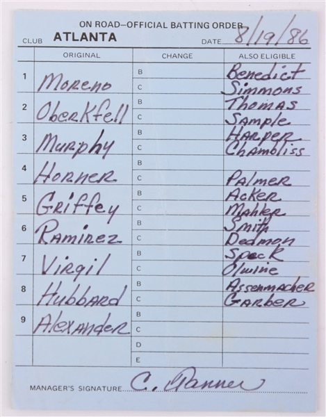 1986 (August 19) Chuck Tanner Atlanta Braves Signed Wrigley Field Dugout Lineup Card (JSA)
