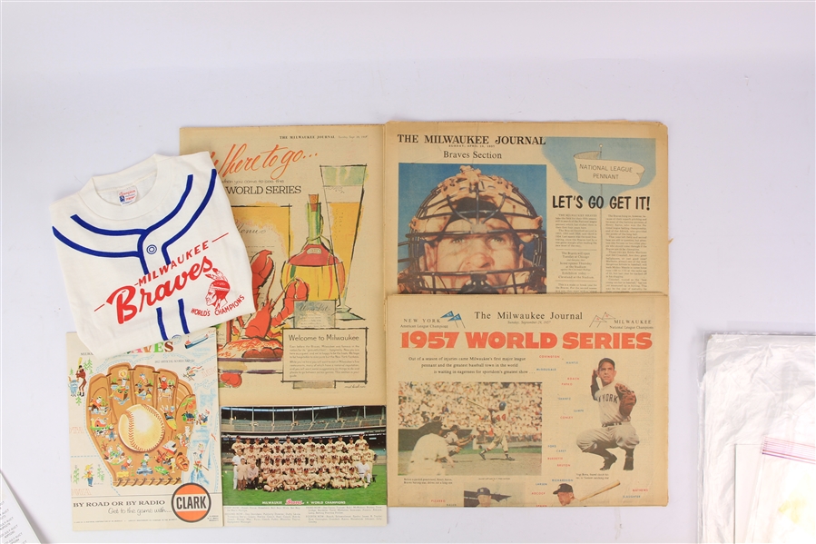 1957 Milwaukee Braves World Series Champions Memorabilia Collection - Lot of 5 w/ Youth T-Shirt, Program, Newspapers & More