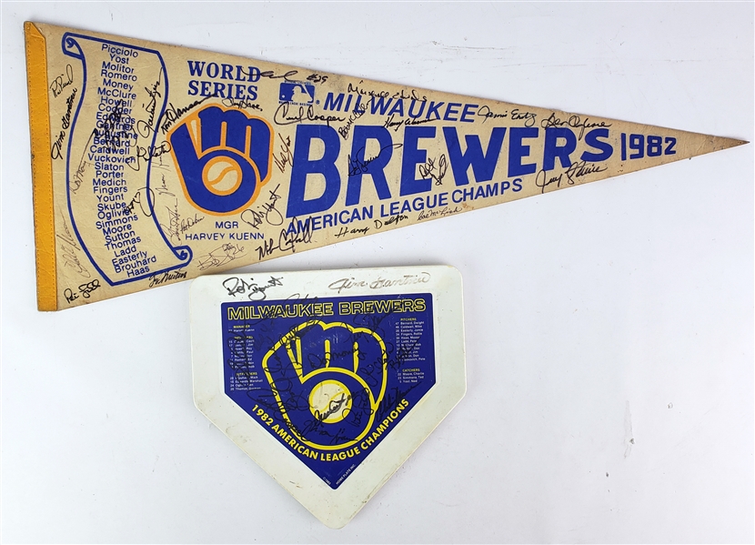 1982 Milwaukee Brewers Team Signed 29" Full Size World Series Pennant & Home Plate Plate - Lot of 2 (JSA)