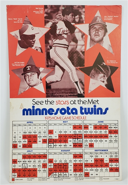 1975 Minnesota Twins See the Stars at the Met 14" x 22 Schedule Broadside w/ Hank Aaron, Rod Carew, Catfish Hunter & More