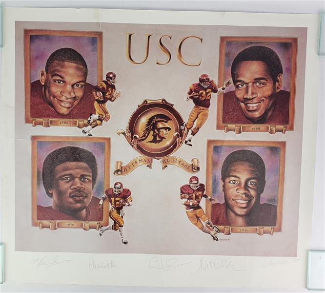 1980s OJ Simpson Marcus Allen Charles White Mike Garrett USC Trojans Signed 27" x 31" Heisman Lithograph (JSA) 979/2000