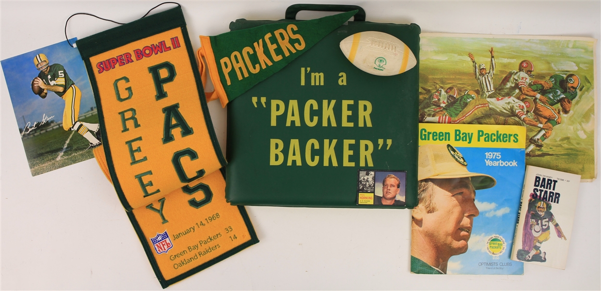 1960s-70s Green Bay Packers Memorabilia Collection - Lot of 8 w/ Packer Backer Seat Cushion, Bart Starr & More& More