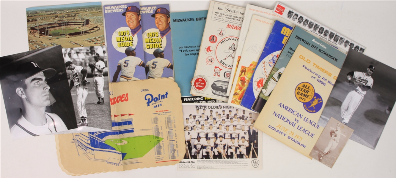 1950s-70s Milwaukee Braves & Brewers Memorabilia Collection - Lot of 30 w/ Hank Aaron Items, Vintage Nodder, 1975 All Star Game & More