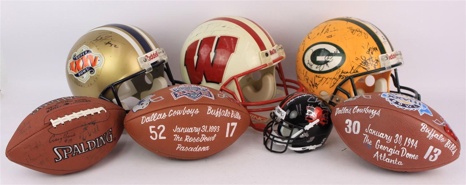 1990s-2000s Football Memorabilia Collection - Lot of 7 w/ Ray Lewis Signed Helmet, Ron Dayne Signed Helmet Super Bowl Painted Footballs & More (JSA)