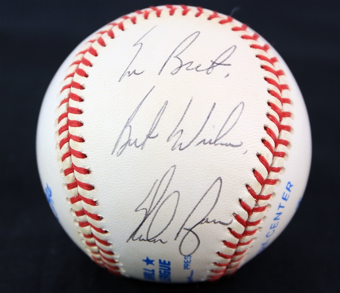 1990-92 Nolan Ryan Texas Rangers Signed OAL Brown Baseball (JSA) 