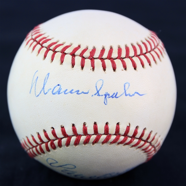 1989-90 Warren Spahn Steve Carlton All Time Winningest Lefties Dual Signed ONL White Baseball (PSA/DNA)