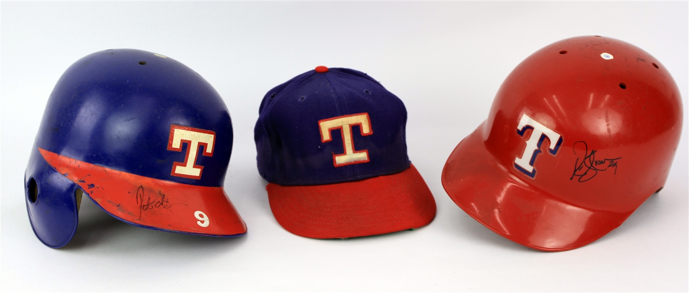 1977-2002 Texas Rangers Signed Game Worn Cap & Batting Helmet - Lot of 3 w/ Doyle Alexander, Pete OBrien & Rusty Greer (MEARS LOA/JSA)