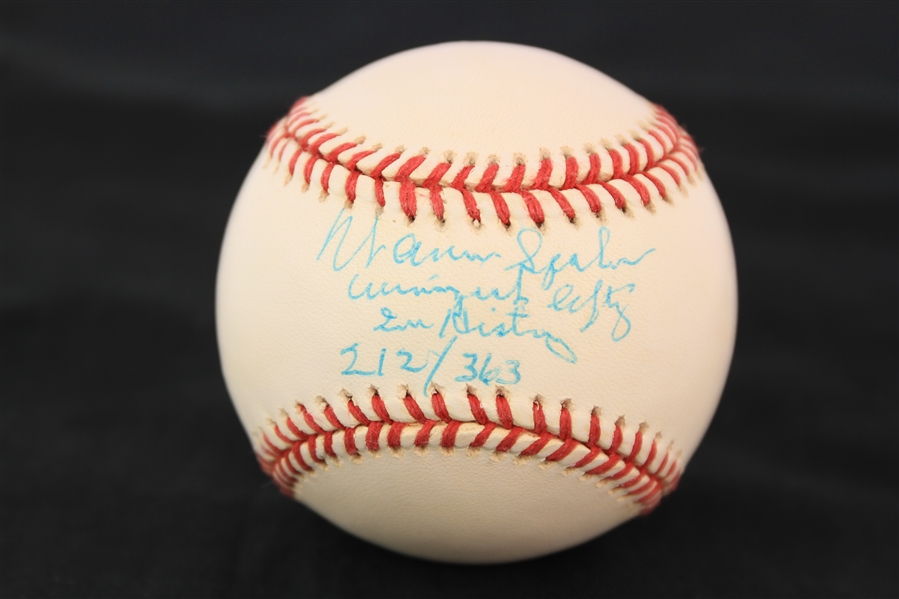 1991-93 Warren Spahn Milwaukee Braves Signed & Inscribed ONL White Baseball (JSA) 212/363 
