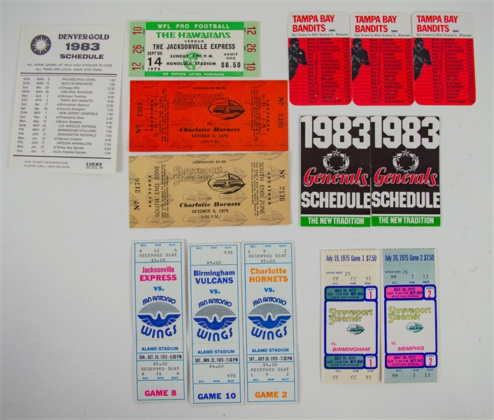 1975-1983 USFL and WFL Tickets and Schedules Including Charlotte Hornets, Denver Gold, & more (Lot of 13)