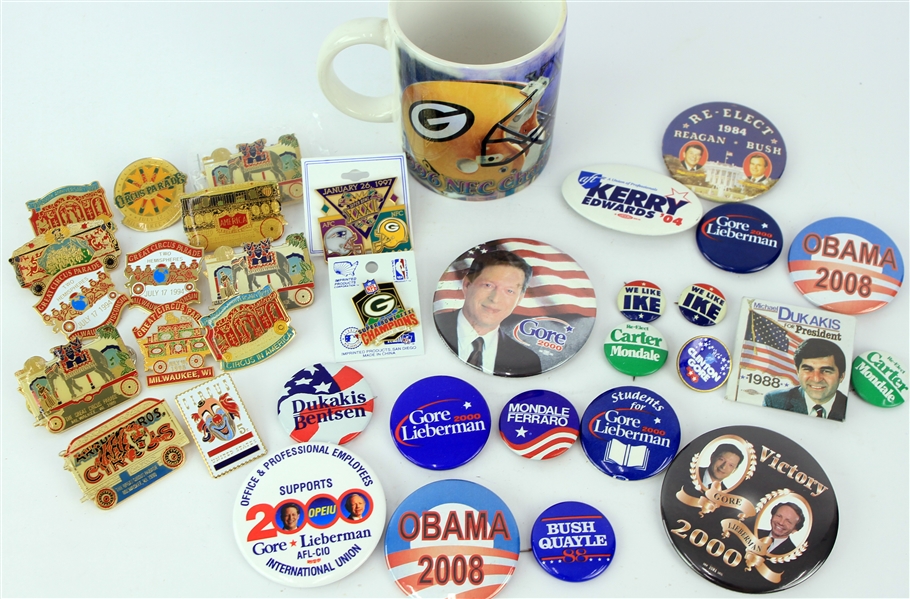 1950s-2000s Pinback Button Collection - Lot of 30+ w/ Political, Great Circus Parade & Green Bay Packers