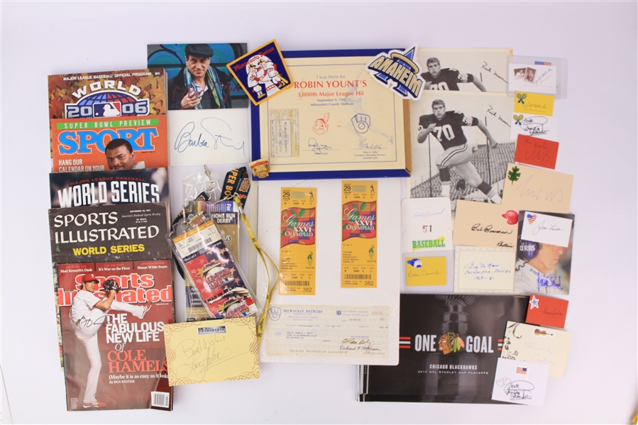 1950s-2000s Baseball Football Hockey Memorabilia Collection - Lot of 100+ w/ World Series Programs, Chicago Blackhawks Stanley Cup Ticket Books, Signed Photos/Cuts & More