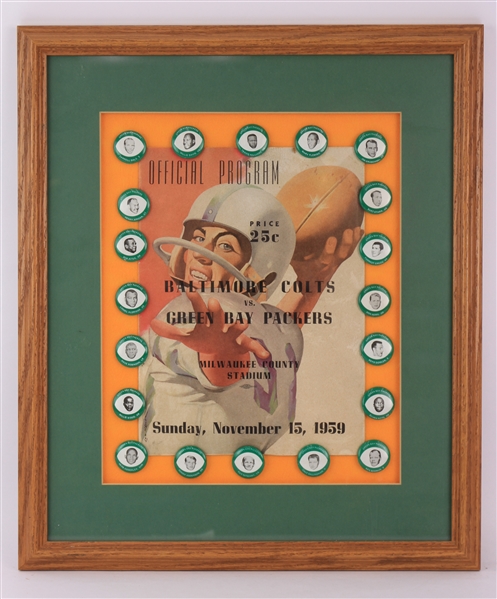 1959 Green Bay Packers 16" x 19" Framed Display w/ Game Program & 20 Player Pinback Buttons