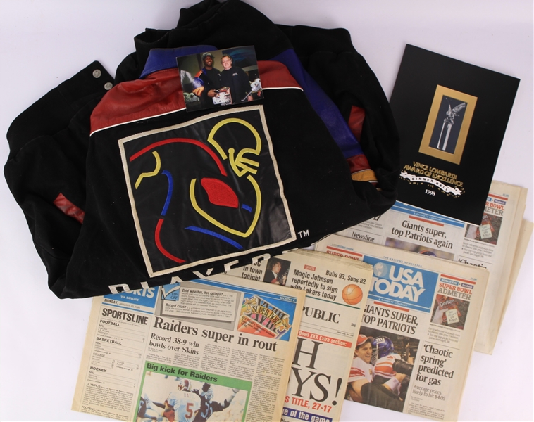 1980s-2000s Football Memorabilia Collection - Lot of 6 w/ Robert Brooks Signed Players Inc Jacket, Eddie Robinson Signed Program & Super Bowl Newspapers & More 