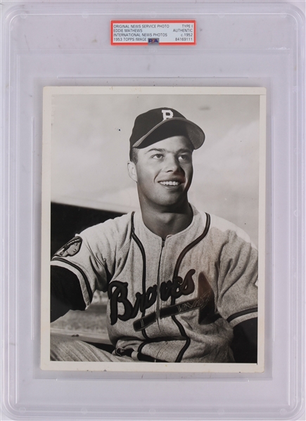 1952 Eddie Mathews Boston Braves 7" x 9" Original Rookie Season Photograph Used For 1953 Topps Card (PSA Slabbed Type I Authentic)