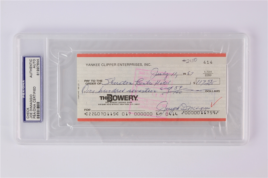 1987 Joe DiMaggio New York Yankees Signed Yankee Clipper Enterprises Check (PSA/DNA Slabbed Authentic)