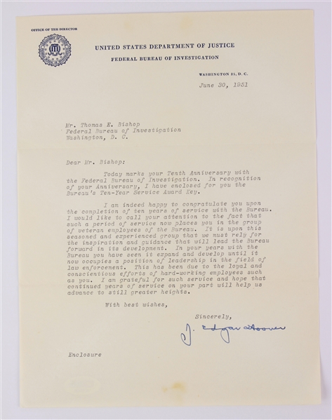 1951 J. Edgar Hoover Director of the FBI Signed Letter of Recognition (PSA/DNA)