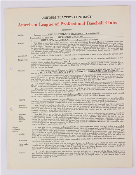 1952 Hank Greenberg William Harridge Steve Gromek Cleveland Indians Signed Uniform Players Contract (*Full JSA Letter*)