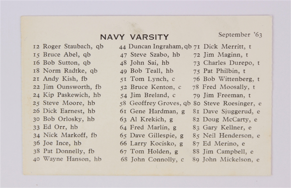 1963 Roger Staubach Navy Midshipmen Heisman Trophy Season Roster Card