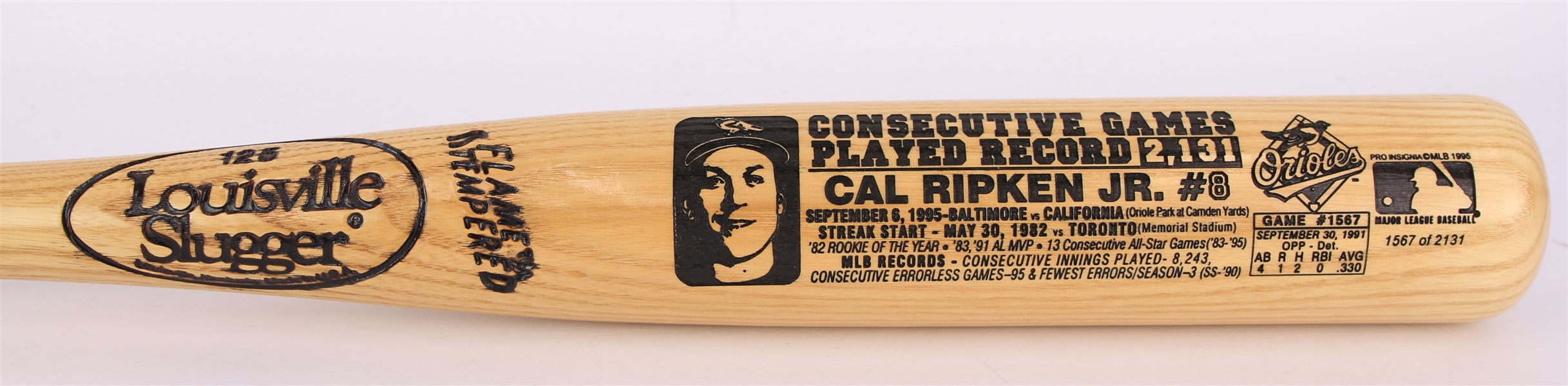 1991 Cal Ripken Jr. Baltimore Orioles Louisville Slugger Consecutive Game Played Record Commemorative Bat (1567/2131)