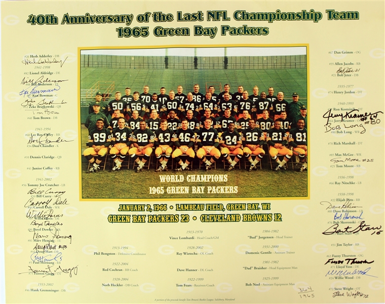 2005 Green Bay Packers Multi Signed 16" x 20" 1965 NFL Champions 40th Anniversary Posterboard w/ 24 Signatures Incluiding Bart Starr, Jim Taylor, Paul Hornung & More (JSA) 364/1965