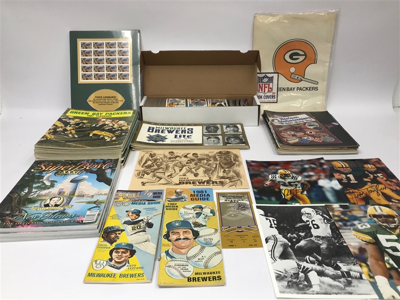 1960s-90s Green Bay Packers Milwaukee Brewers Memorabilia Collection - Lot of 75+ w/ Programs, Yearbooks, Trading Cards & More