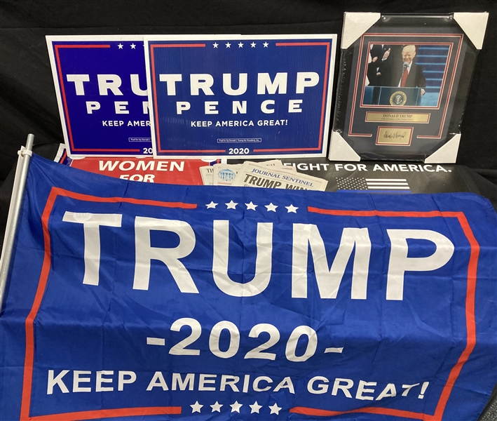 2020 Donald Trump 45th President of the United States Memorabilia Collection - Lot of 9 w/ Yard Signs, Flag, Framed Signed Display & More