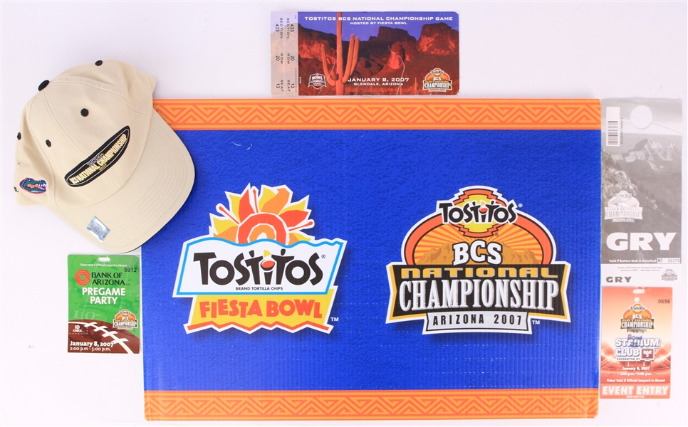 2007 Tostitos Inaugural BCS National Championship Game Memorabilia - Lot of 6 w/ Tickets, Hat & Sign