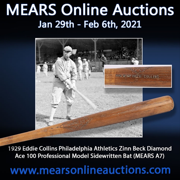 1929 Eddie Collins Philadelphia Athletics Zinn Beck Diamond Ace 100 Professional Model Sidewritten Bat (MEARS A7)