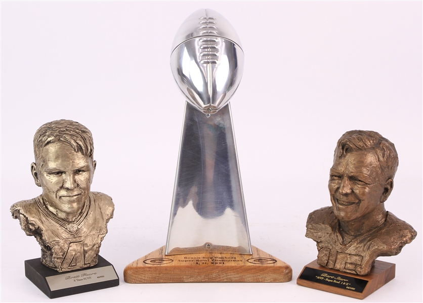 1990s Bart Starr & Brett Favre Green Bay Packers Busts + 11.5" Replica Lombardi Trophy