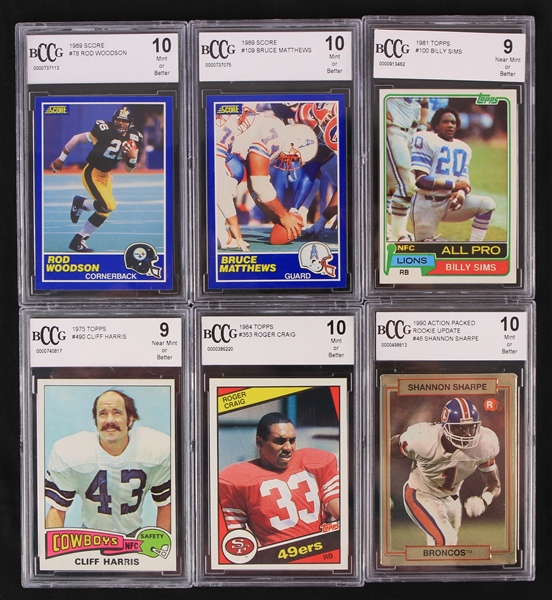 1975-90 BCCG Slabbed Football Trading Cards - Lot of 6 w/ Billy Sims, Roger Craig, Rod Woodson & More