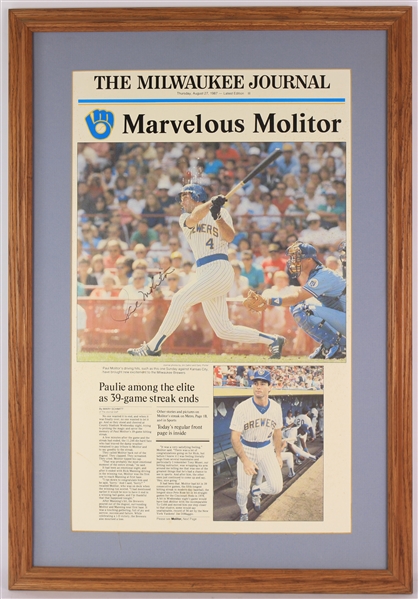 1987 Paul Molitor Milwaukee Brewers Signed 19" x 29" Framed Marvelous Molitor Miwaukee Journal Display (JSA)