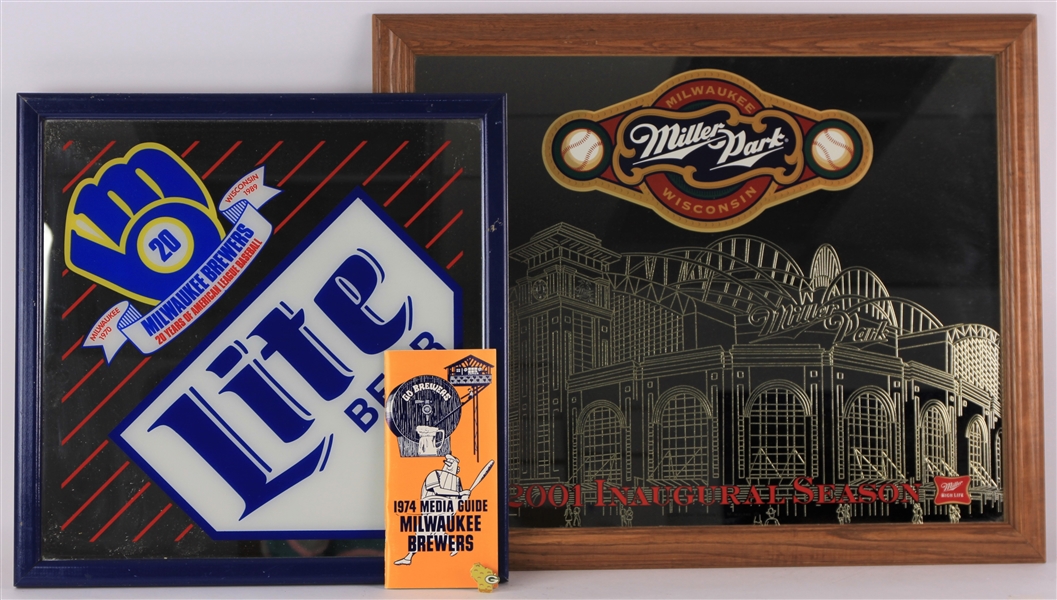 1970s-2000s Milwaukee Brewers Framed Display Collection - Lot of 5 w/ Lite Beer Bar Mirror, County Stadium Lithograph, Miller Park Inaugural & More