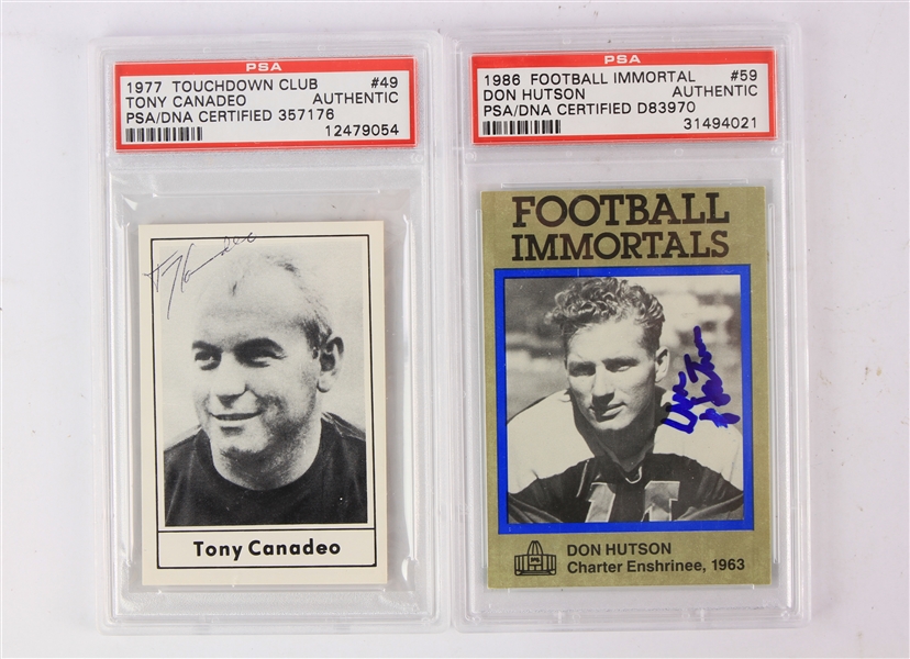 1977-86 Tony Canadeo Don Hutson Green Bay Packers Signed Football Trading Cards - Lot of 2 (PSA Slabbed)