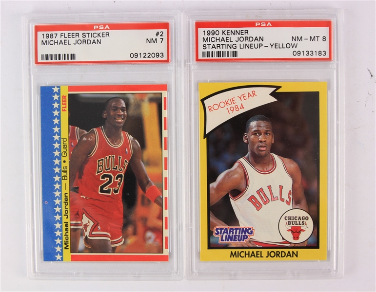 1987-90 Michael Jordan Chicago Bulls PSA Slabbed Trading Cards - Lot of 2 w/ 1987 Fleer Sticker (NM 7) & 1990 Starting Lineup (NM-MT 8)