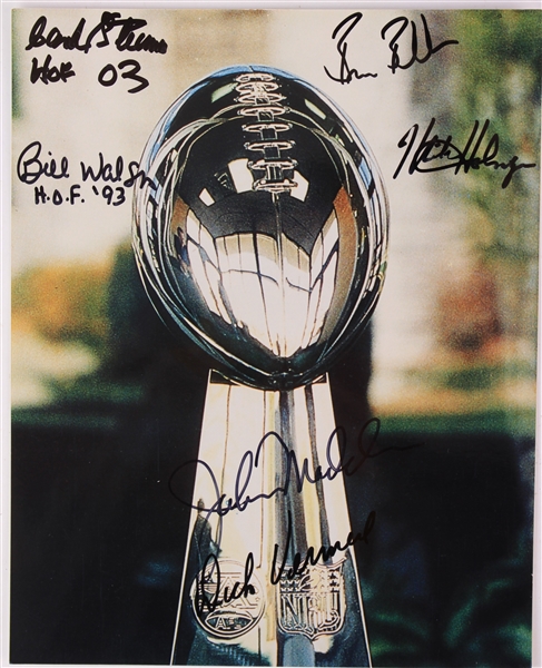 2000s Super Bowl Winning Head Coaches Multi Signed 8" x 10" Lombardi Trophy Photo w/ 6 Signatures Including John Madden, Bill Walsh, Hank Stramm & More (JSA)