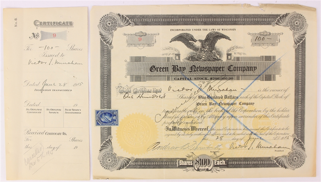1915 Green Bay Newspaper Company Stock Certificate signed by Hungry Five Andrew Turnbow (JSA)