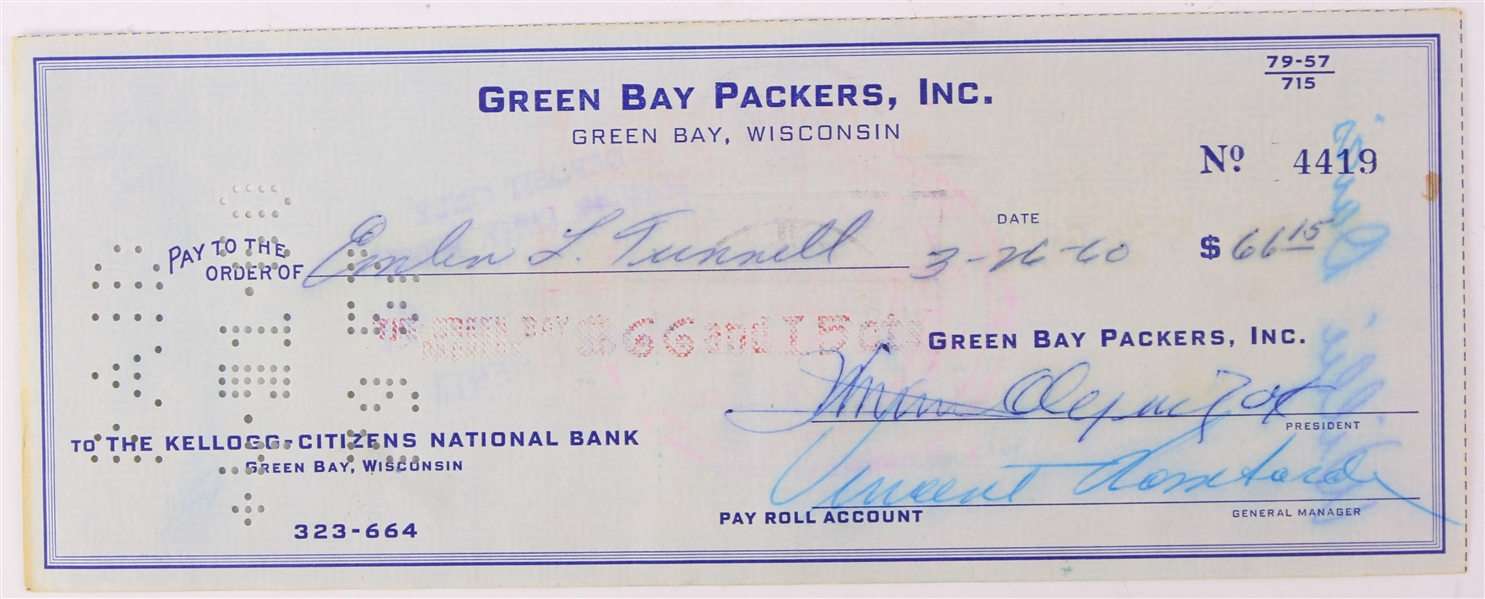 1960 Vince Lombardi Emlen Tunnell Green Bay Packers Signed Check (JSA)