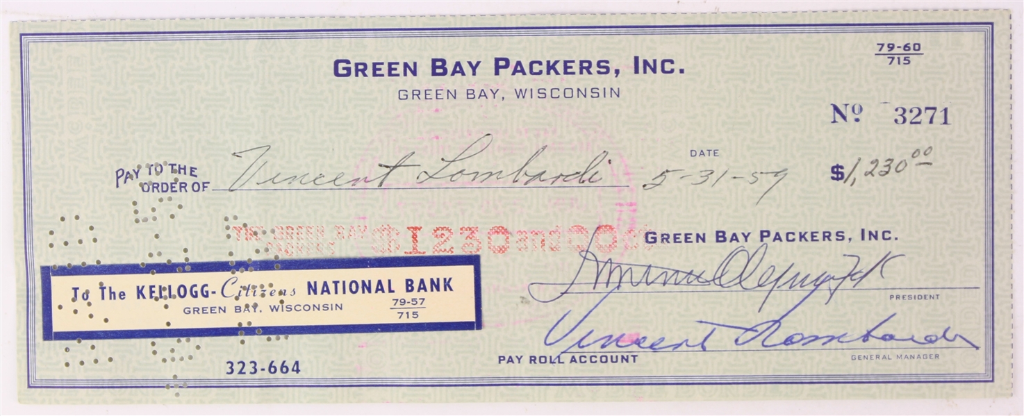 1959 Vince Lombardi Green Bay Packers Dual Signed Check (JSA)