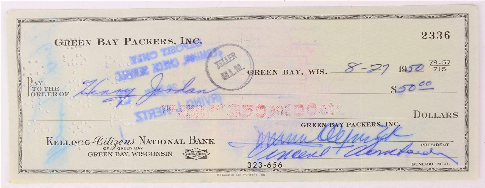 1960 Vince Lombardi Henry Jordan Green Bay Packers Signed Check (JSA)