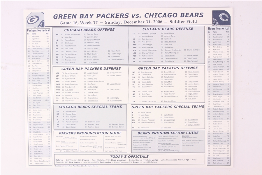 2006 (December 31) Green Bay Packers Chicago Bears Roster Sheet
