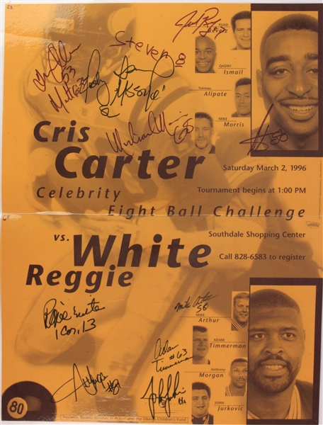 1996 Green Bay Packers Minnesota Vikings Multi Signed 18" x 24" Laminated Cris Carter Celebrity Eight Ball Challenge Poster w/ 10 Signatures Including Reggie White, Qadry Ismail, Carter & More (JS