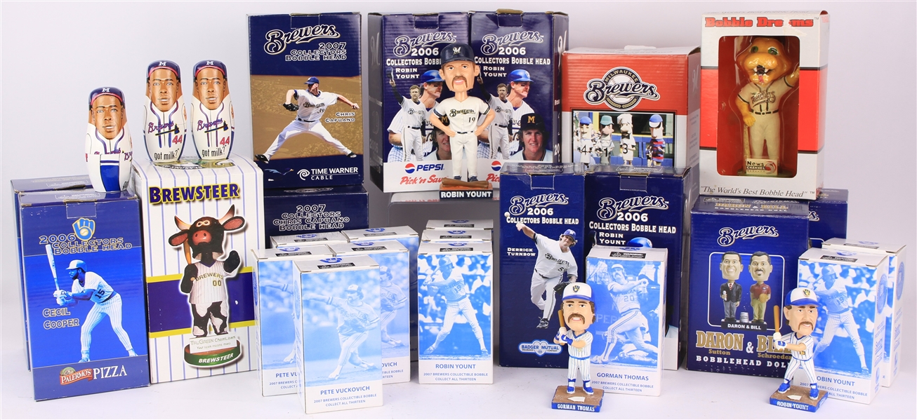 2000s Milwaukee Brewers MIN Bobblehead Collection - Lot of 29 w/ Robin Yount, Aaron/Mathews/Spahn Nesting Dolls & More