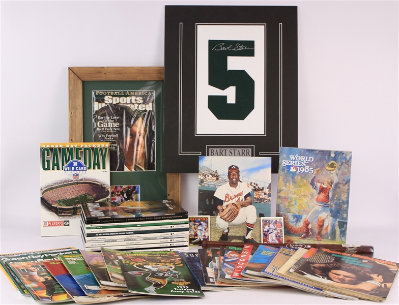 1960s-2010s Sports Memorabilia Collection - Lot of 48 w/ Publications, 16" x 20" Matted Bart Starr Secretarial Signed Numeral Display and More